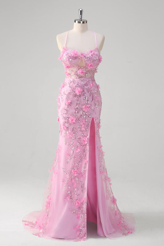 Sparkly Pink Floral Mermaid Spaghetti Straps Hollow Out Long Prom Dress with Slit