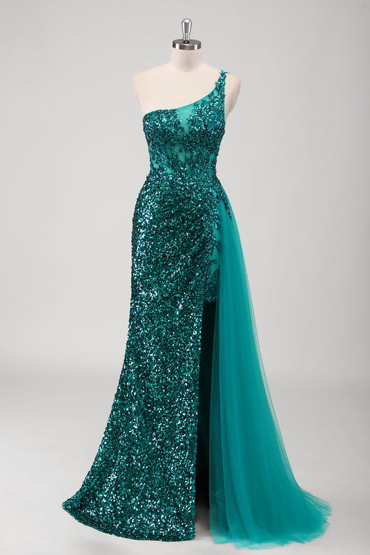 Sparkly Peacock Green Mermaid Sequined One Shoulder Long Prom Dress with Slit