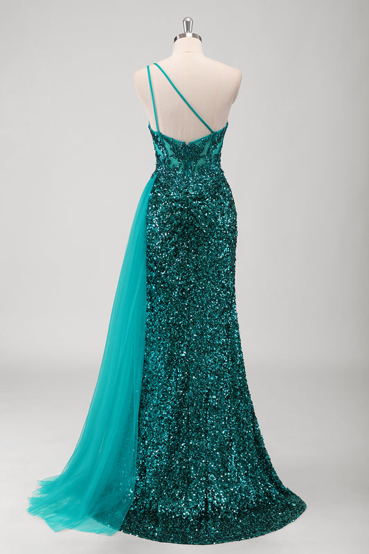 Sparkly Peacock Green Mermaid Sequined One Shoulder Long Prom Dress with Slit