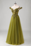 Sparkly Olive Floral Off The Shoulder Long Prom Dress with Appliques