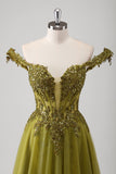 Sparkly Olive Floral Off The Shoulder Long Prom Dress with Appliques