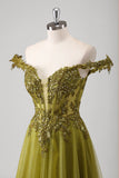 Sparkly Olive Floral Off The Shoulder Long Prom Dress with Appliques