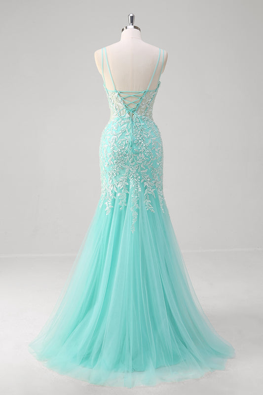 Mint Floral Mermaid Spaghetti Straps Corset Long Prom Dress with Slit