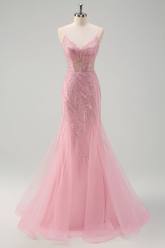 Sparkly Pink Mermaid Spaghetti Straps Long Prom Dress