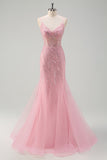 Sparkly Pink Mermaid Spaghetti Straps Long Prom Dress