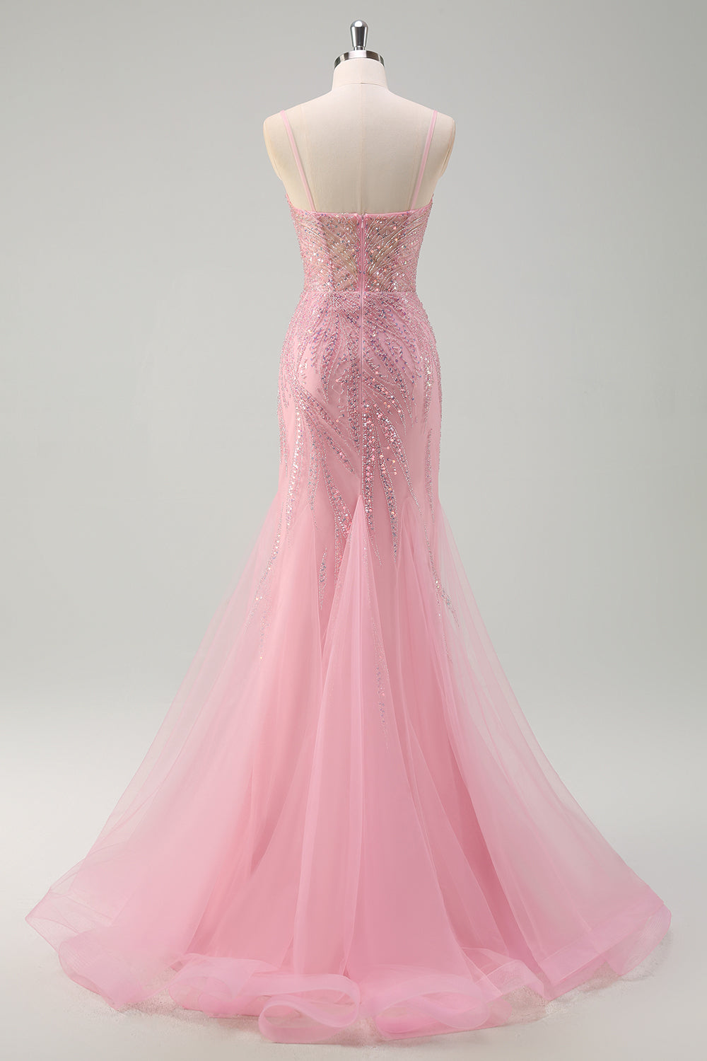 Sparkly Pink Mermaid Spaghetti Straps Long Prom Dress