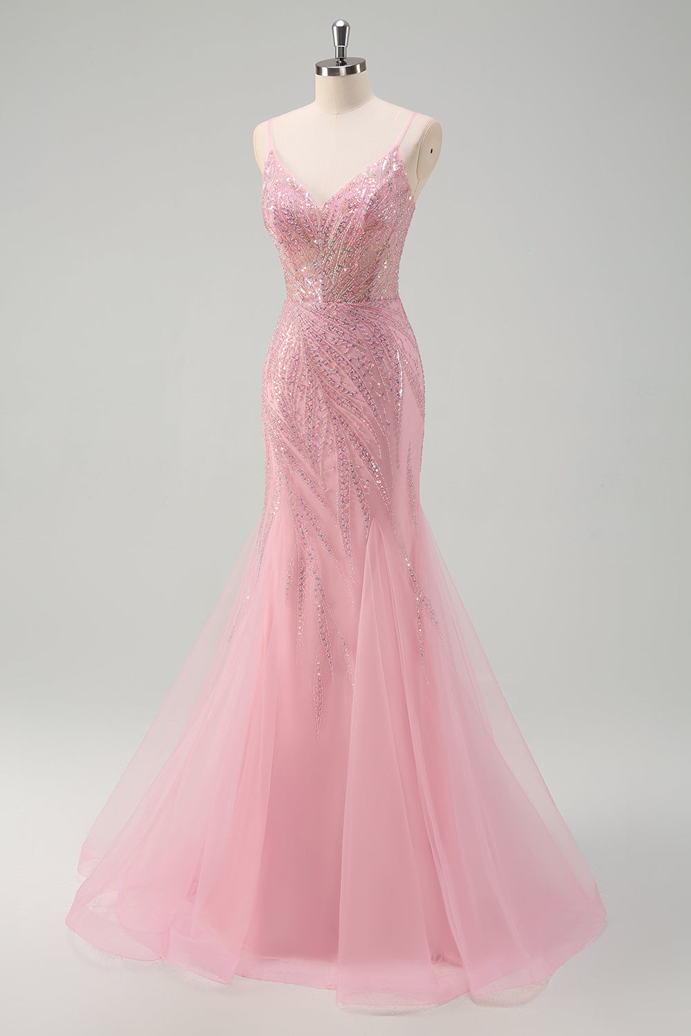 Sparkly Pink Mermaid Spaghetti Straps Long Prom Dress