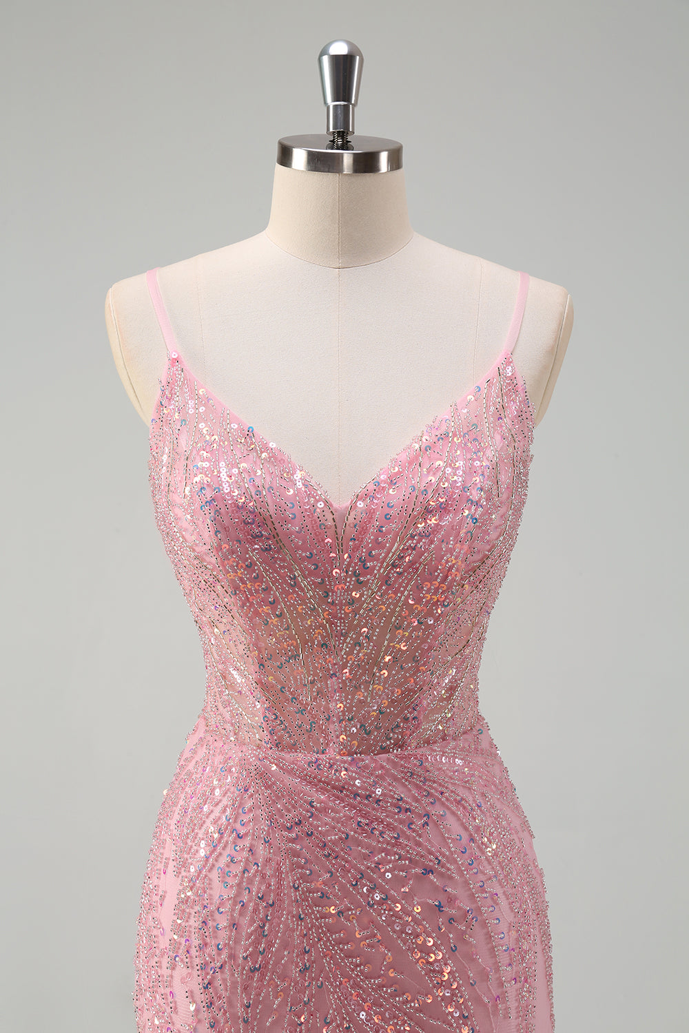 Sparkly Pink Mermaid Spaghetti Straps Long Prom Dress