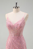 Sparkly Pink Mermaid Spaghetti Straps Long Prom Dress