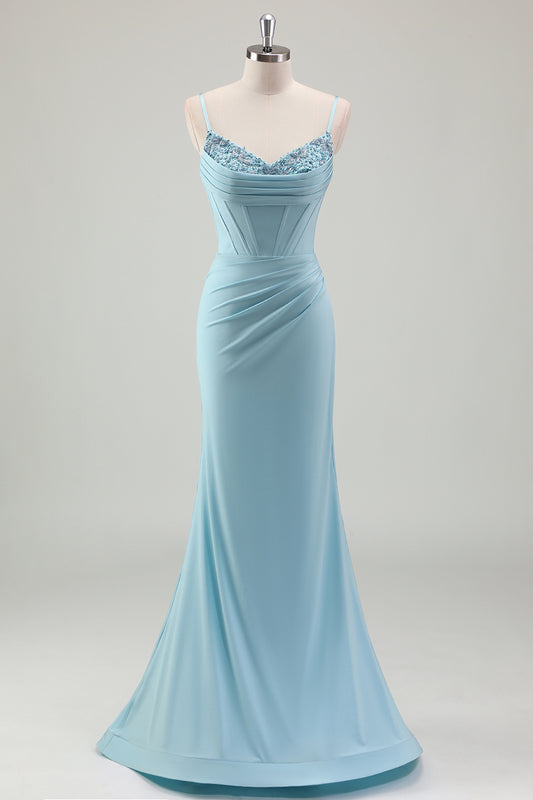 Sparkly Blue Corset Mermaid Long Prom Dress