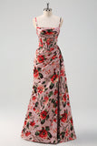 Pink Red Floral Spaghetti Straps Prom Dress with Slit