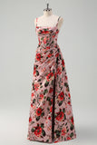 Pink Red Floral Spaghetti Straps Prom Dress with Slit