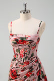 Pink Red Floral Spaghetti Straps Prom Dress with Slit