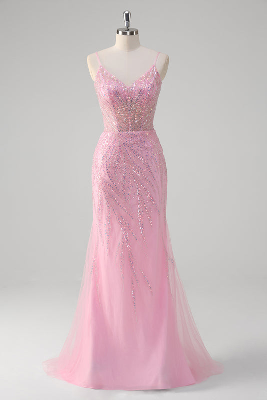 Sparkly Pink Mermaid Spaghetti Straps Beaded Long Prom Dress