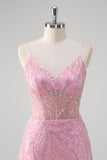 Sparkly Pink Mermaid Spaghetti Straps Beaded Long Prom Dress