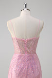 Sparkly Pink Mermaid Spaghetti Straps Beaded Long Prom Dress