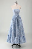 Blue Floral Ruffled Strapless Prom Dress with Bow