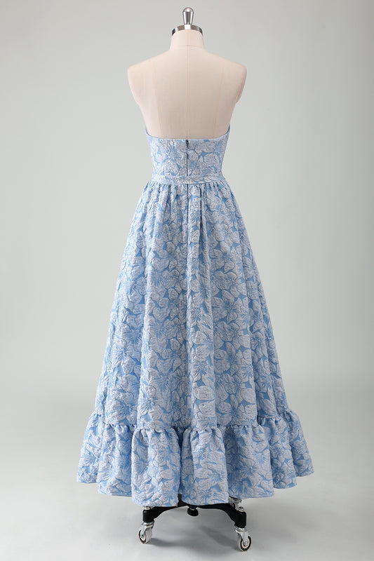 Blue Floral Ruffled Strapless Prom Dress with Bow