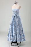 Blue Floral Ruffled Strapless Prom Dress with Bow