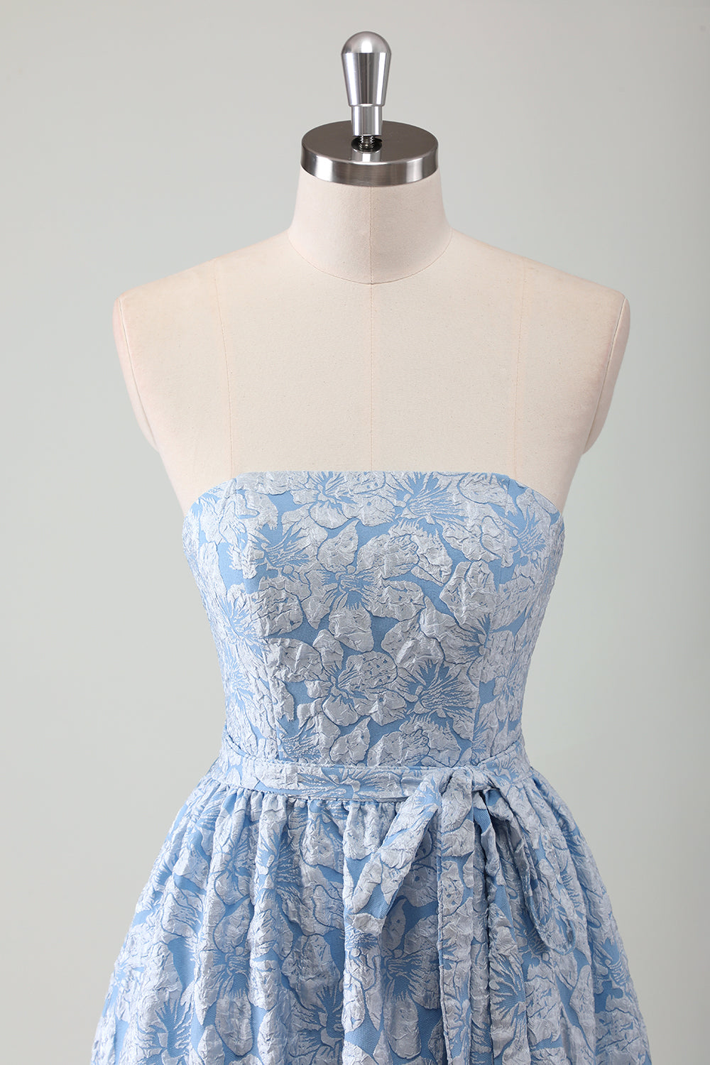 Blue Floral Ruffled Strapless Prom Dress with Bow