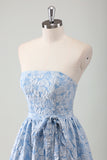 Blue Floral Ruffled Strapless Prom Dress with Bow