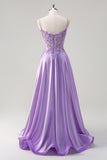 A-Line Purple Floral Beaded Spaghetti Straps Long Prom Dress with Slit