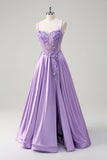 A-Line Purple Floral Beaded Spaghetti Straps Long Prom Dress with Slit