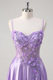 A-Line Purple Floral Beaded Spaghetti Straps Long Prom Dress with Slit