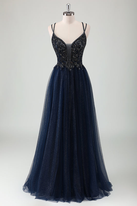 Sparkly Navy V-Neck Beaded Spaghetti Straps Prom Dress