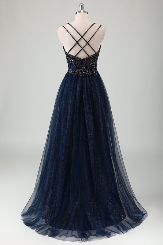 Sparkly Navy V-Neck Beaded Spaghetti Straps Prom Dress