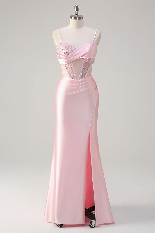 Pink Mermaid Sequined Spaghetti Straps Corset Long Prom Dress with Slit