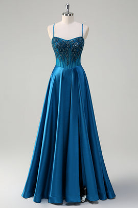 Blue A-Line Spaghetti Straps Applique Corset Long Prom Dress