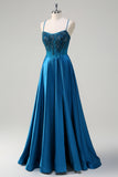 Blue A-Line Spaghetti Straps Applique Corset Long Prom Dress