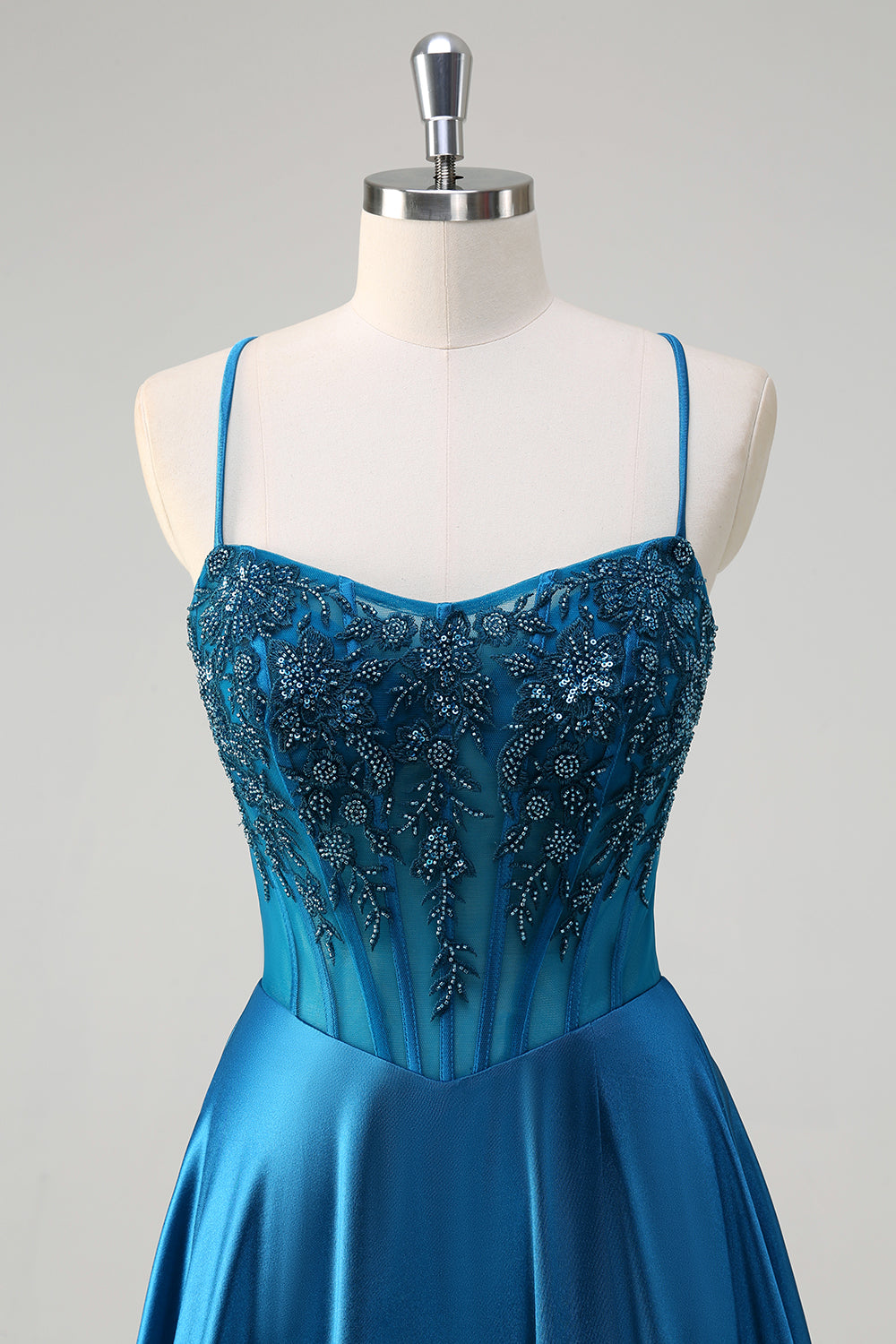 Blue A-Line Spaghetti Straps Applique Corset Long Prom Dress