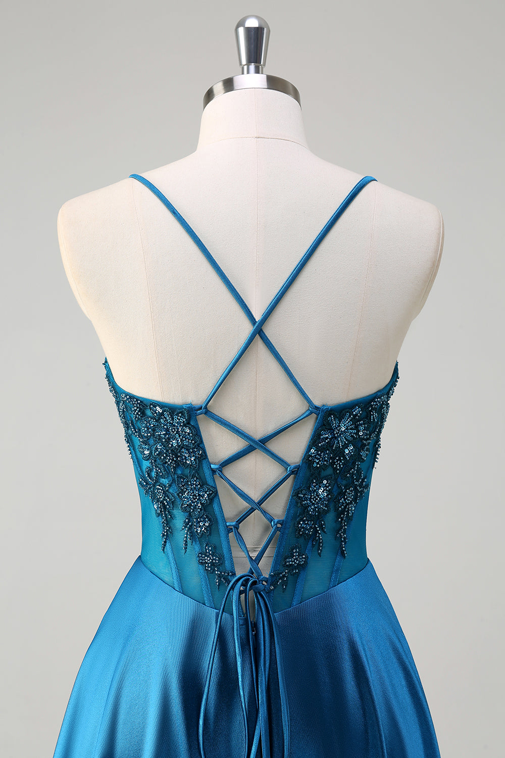 Blue A-Line Spaghetti Straps Applique Corset Long Prom Dress