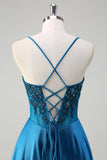 Blue A-Line Spaghetti Straps Applique Corset Long Prom Dress