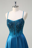 Blue A-Line Spaghetti Straps Applique Corset Long Prom Dress