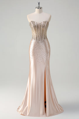 Champagne Beaded Mermaid Sweetheart Prom Dress with Slit