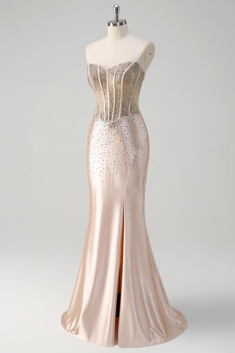 Champagne Beaded Mermaid Sweetheart Prom Dress with Slit