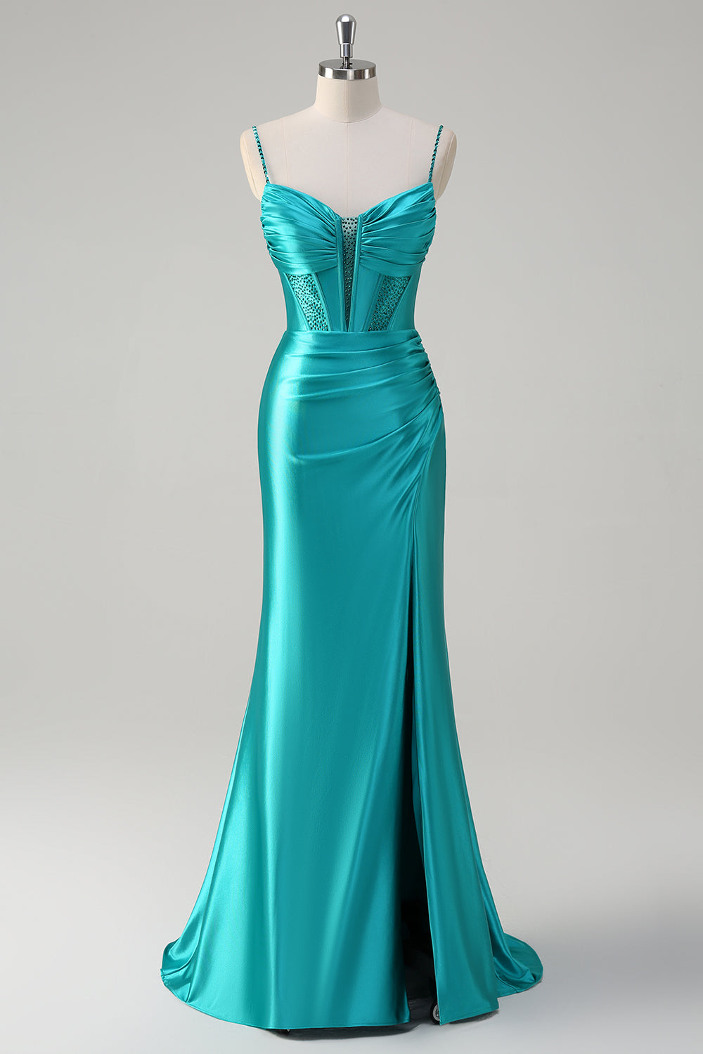 Peacock Beaded Mermaid Spaghetti Straps Corset Prom Dress with Slit