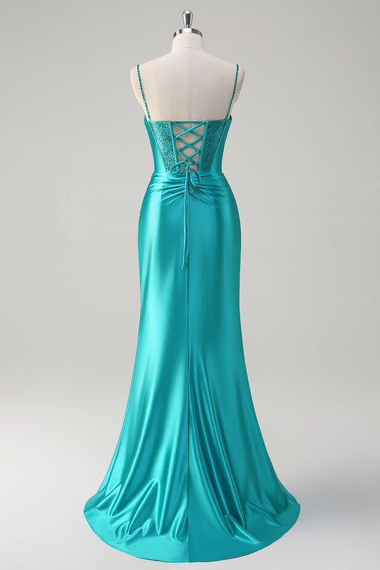 Peacock Beaded Mermaid Spaghetti Straps Corset Prom Dress with Slit