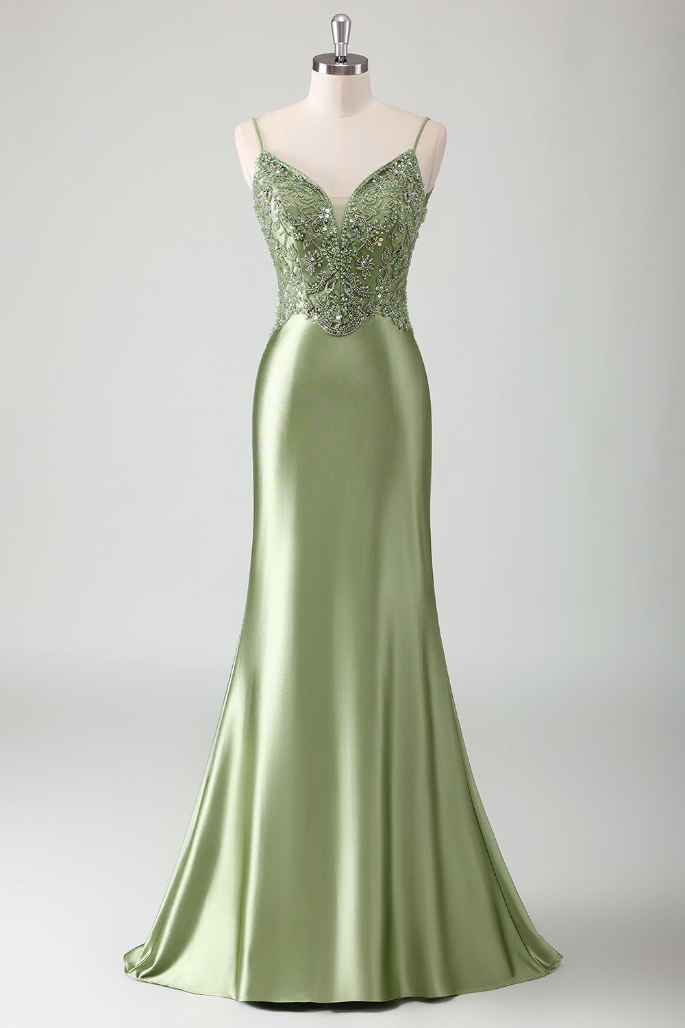 V-Neck Sage Beaded Mermaid Corset Sweep Train Prom Dress