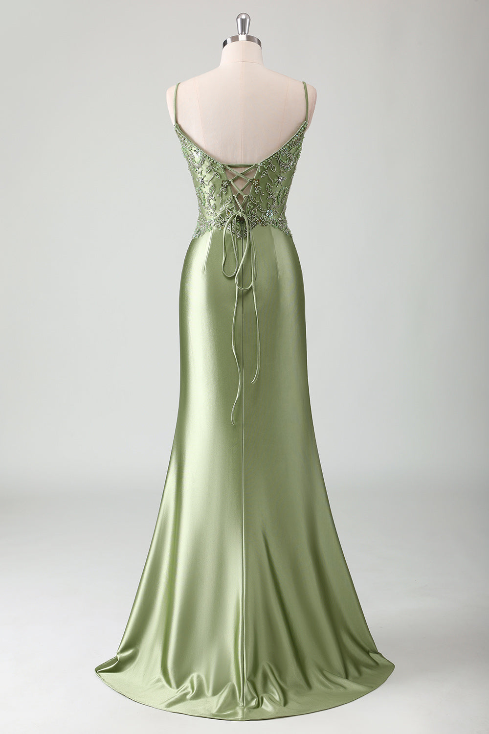 V-Neck Sage Beaded Mermaid Corset Sweep Train Prom Dress