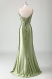 V-Neck Sage Beaded Mermaid Corset Sweep Train Prom Dress