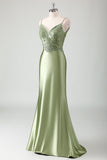 V-Neck Sage Beaded Mermaid Corset Sweep Train Prom Dress