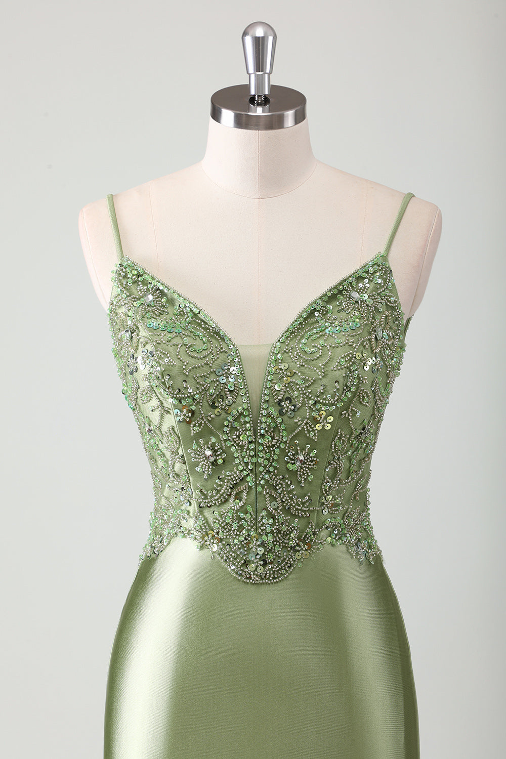 V-Neck Sage Beaded Mermaid Corset Sweep Train Prom Dress