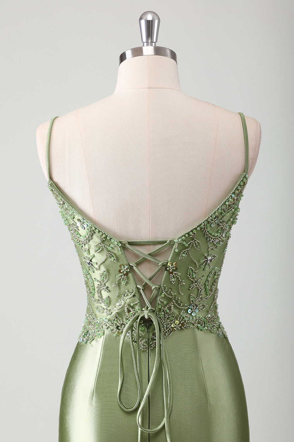 V-Neck Sage Beaded Mermaid Corset Sweep Train Prom Dress