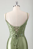 V-Neck Sage Beaded Mermaid Corset Sweep Train Prom Dress