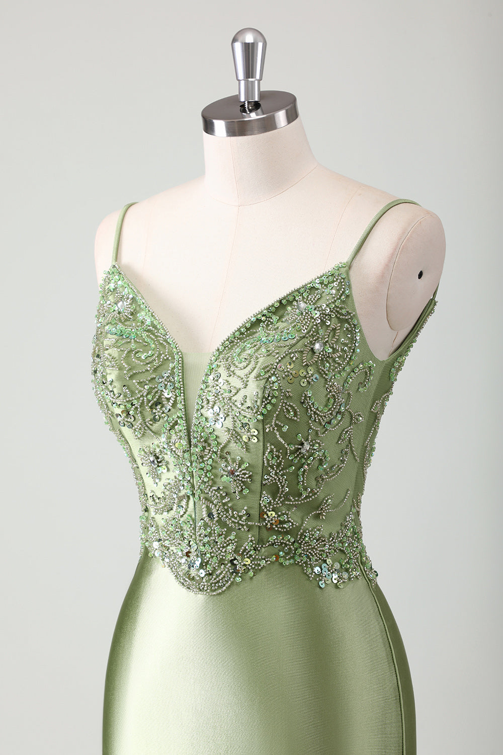 V-Neck Sage Beaded Mermaid Corset Sweep Train Prom Dress