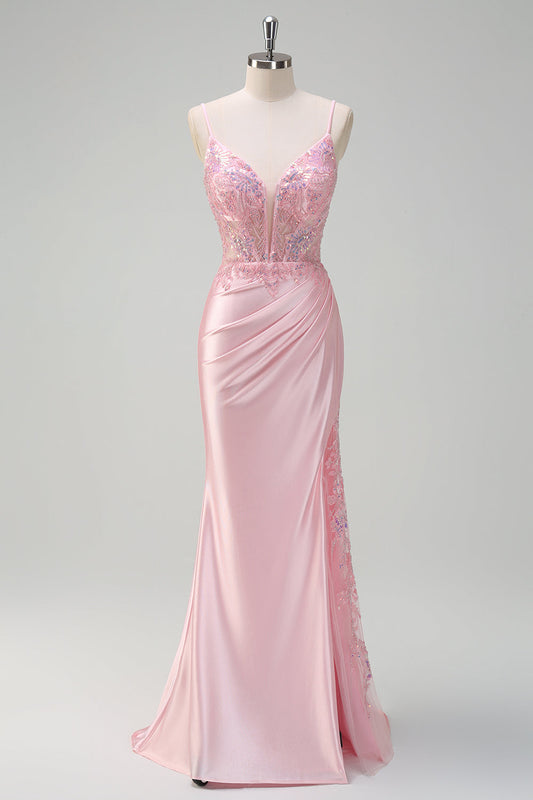 Sparkly Sequins Light Pink Mermaid Ruched Corset Prom Dress with Slit